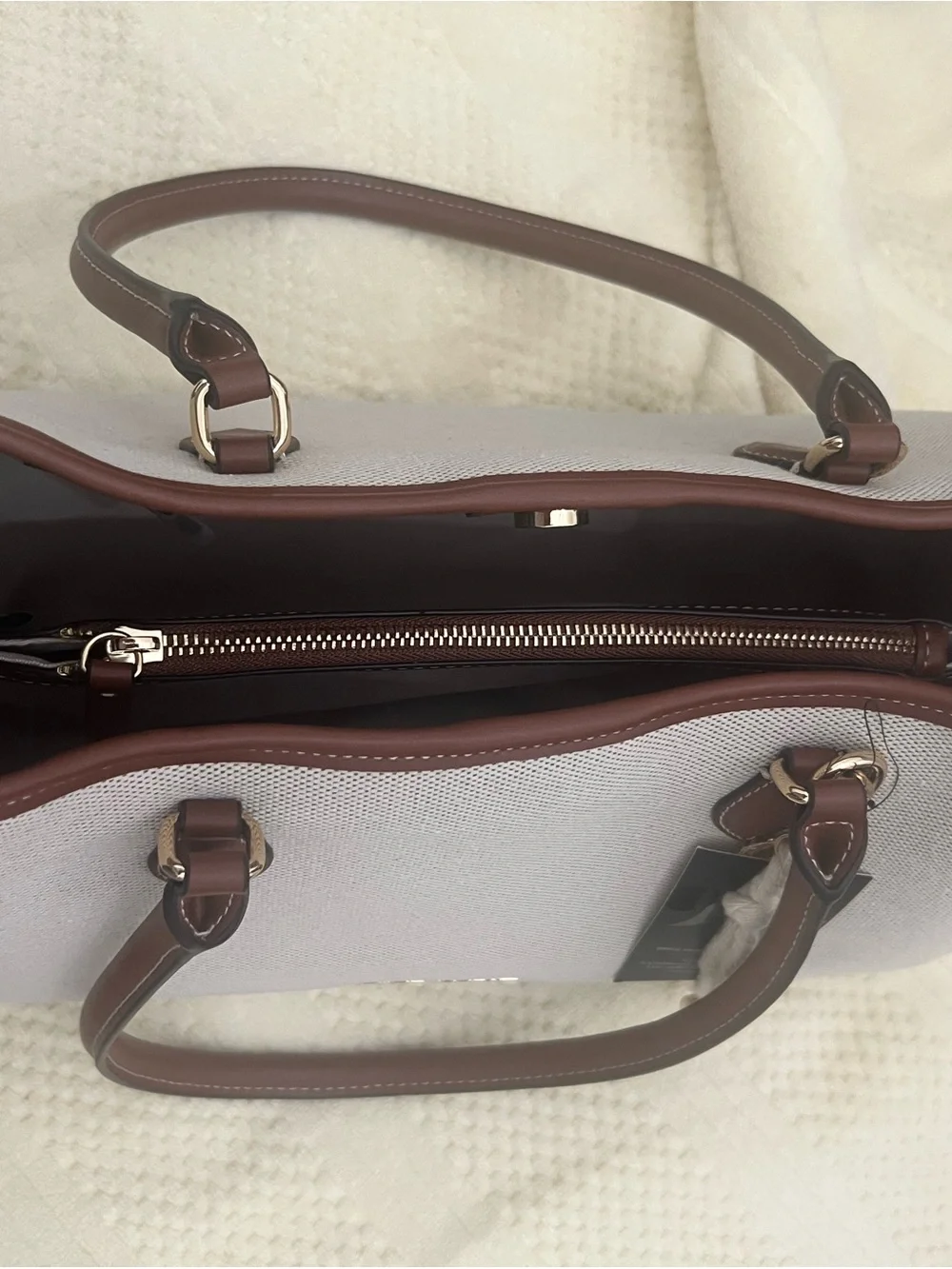 Nine West Cream and Brown Canvas Tote with Gold Logo Accent